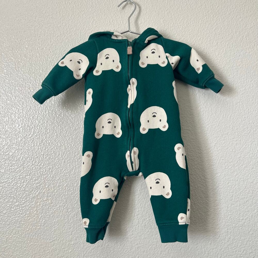 Carter’s polar bear print hooded bunting onesie green Sherpa lined hood